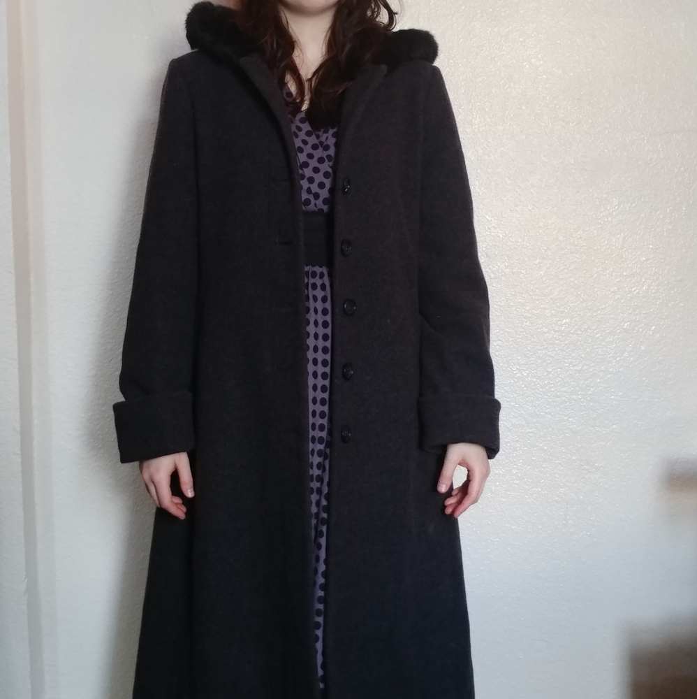 Vintage Wool Trench Jacket with Rabbit Fur Lining